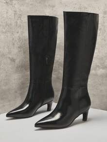 SHUZIA 优雅时尚女式黑色仿皮及膝舒适小猫跟一脚蹬时尚精致假日趣味靴