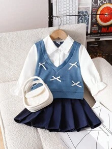 SHEIN 2 件套女婴时尚蝴蝶装饰仿多层长袖 Polo 衫和百褶裙休闲学院风套装，秋冬 - 藍色 - 查看 3
