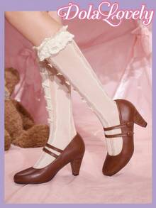 Dola Lovely Giày cao gót Mary Jane mũi tròn họa tiết hoa cổ điển dành cho nữ, quai đôi màu nâu, thích hợp cho lễ Halloween và Giáng sinh - màu nâu - Xem 1