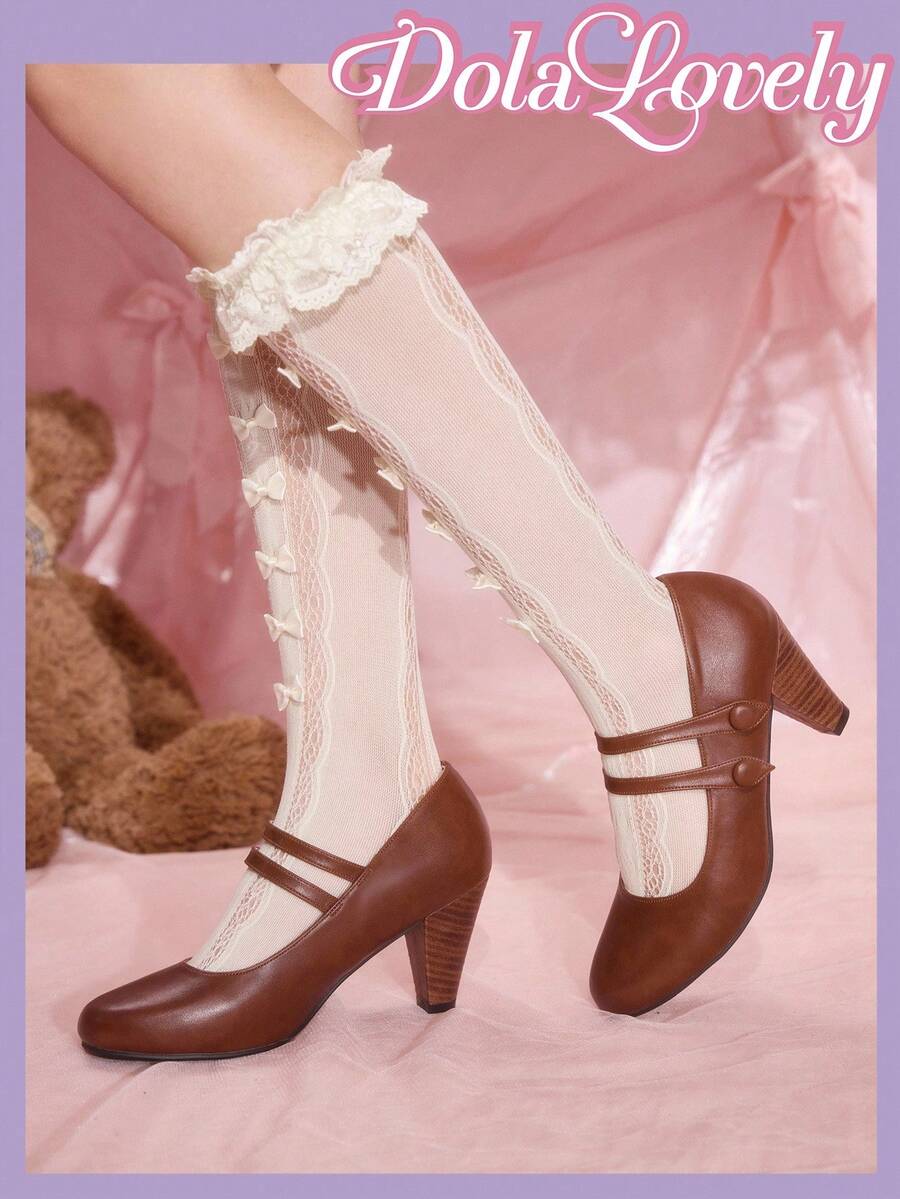 Dola Lovely Giày cao gót Mary Jane mũi tròn họa tiết hoa cổ điển dành cho nữ, quai đôi màu nâu, thích hợp cho lễ Halloween và Giáng sinh - màu nâu - Xem 1