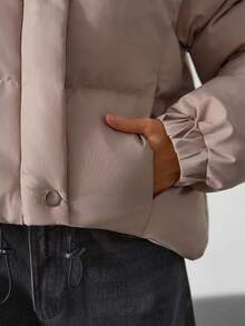 EURMUSE Drawstring Hem Hooded Drop Shoulder Quilted Women's Crop Down Jacket - Chocolate Brown - View 5