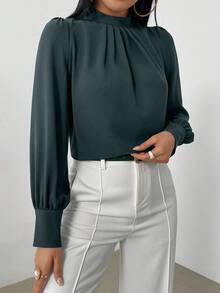 EMERY ROSE Blusa de mujer elegante de unicolor con cuello alto y manga larga - Verde Oscuro - Ver 6
