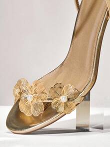 SHUZIA 女士花朵装饰细高跟日常聚会性感沙滩优雅金属 PU 金色高跟凉鞋 - 金色 - 查看 6