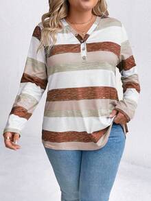 Plus Size Colorblock Striped Long Sleeve T-Shirt, Casual For Autumn Tees Women Tops For Spring - Khaki - View 4