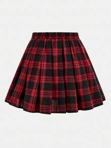 SHEIN Girlism 3 件套青少年女孩黑色连帽拉链运动衫、针织背心和褶皱格子裙，休闲校园/日常装 - 紅色 - 查看 12