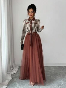 Elenzga Váy dài tay chữ A chất liệu lưới tương phản lãng mạn thanh lịch dành cho nữ - Nhiều màu - Xem 3