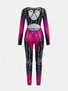 SHEIN 青少年女孩休闲运动体操瑜伽高弹力扎染水钻印花露背镂空连体裤 - 玫紅色 - 查看 2