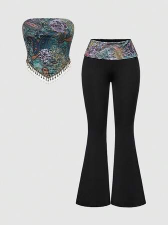 Hippie Retro Hippie Western Music Festival Wooden Bead Tassel Hem Paisley Print Bohemian Women's Set