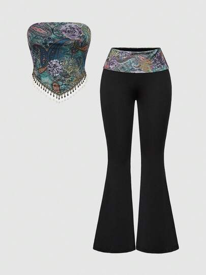 Hippie Retro Hippie Western Music Festival Wooden Bead Tassel Hem Paisley Print Bohemian Women's Set