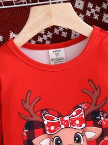 SHEIN Young Girl Christmas Gingerbread Man, Snowman, Santa Graphic Soft Cozy Thermal Lined Long Sleeve Top And Pants Snug Fit Loungewear, Suitable For Autumn/Winter - Red - View 4