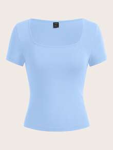 SHEIN EZwear 3pcs Women's Square Neck Short Sleeve Cropped Casual Fitted T-Shirts, Suitable For Summer