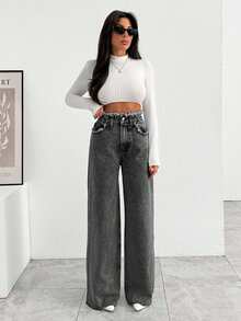 EURMUSE HIGH RISE WIDELEG JEAN WITH FRAYED POCKET - Light Grey - View 4