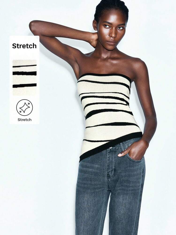 SHEIN Maija Women Apricot & Black Dual Color Design Versatile Modern Urban Fashion Asymmetrical Hemline Knit Top, Business Casual Office Striped Tube Tops Women Strapless Tops Long Tube Top Beach Summer Holiday Each Vacation Summer Going Out Graduation Y2k Beach Summer Holiday Beach Vacation Summer Going Out Graduation  Casual Holiday Beach Cruise Travel  Romantic, Fashion, Versatile; Suitable For Summer Vacation, Comfortable, Bohemian Style, Beach Wear, Simple Daily Wear, Country Style, Essential, Solid Color, Holiday Casual, Decent, Single Lady,Y2k