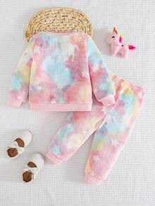 Cozy Pixies 2件套女婴彩虹小马印花圆领长袖运动衫和裤子加厚羊毛套装 - 彩色 - 查看 2