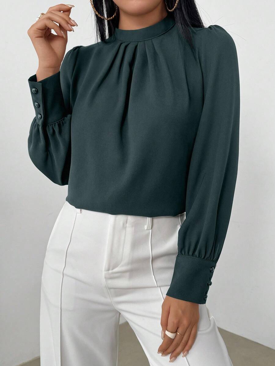 EMERY ROSE Blusa de mujer elegante de unicolor con cuello alto y manga larga - Verde Oscuro - Ver 1
