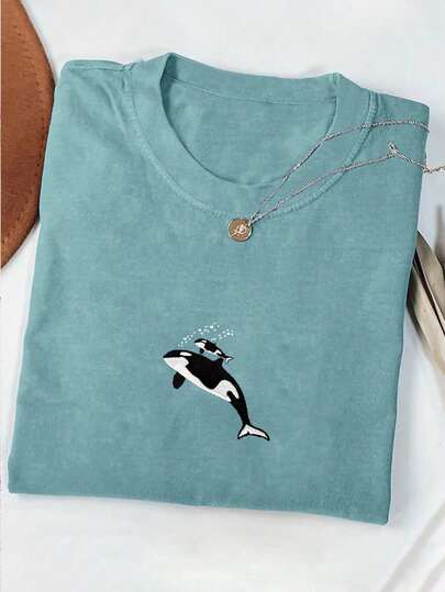 INAWLY قميص كاجوال للنساء بأكمام قصيرة مطرز بحوت، صيفي