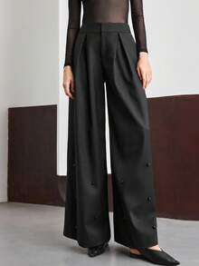 Ontre 女士黑色优质羊毛面料宽松长裤，带侧袋，正面褶皱设计，串珠下摆装饰，阔腿裤，适合现代都市休闲装、商务装、办公室装、优雅精致的城市通勤装、高端机场装、邮轮装 - 黑色 - 查看 5