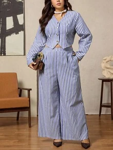Zelara 大码女装两件套，包括秋季蓝白条纹开襟长袖衬衫和高腰裤两件套，大码女装万圣节服装两件套 - 藍白色 - 查看 3