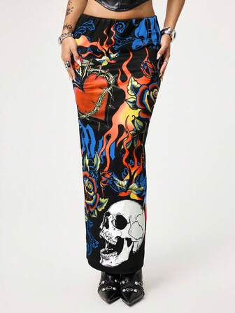 ROMWE Avant Minigonna da donna con stampa di testo a cuore e fiamma in stile retrò Y2K Baddie