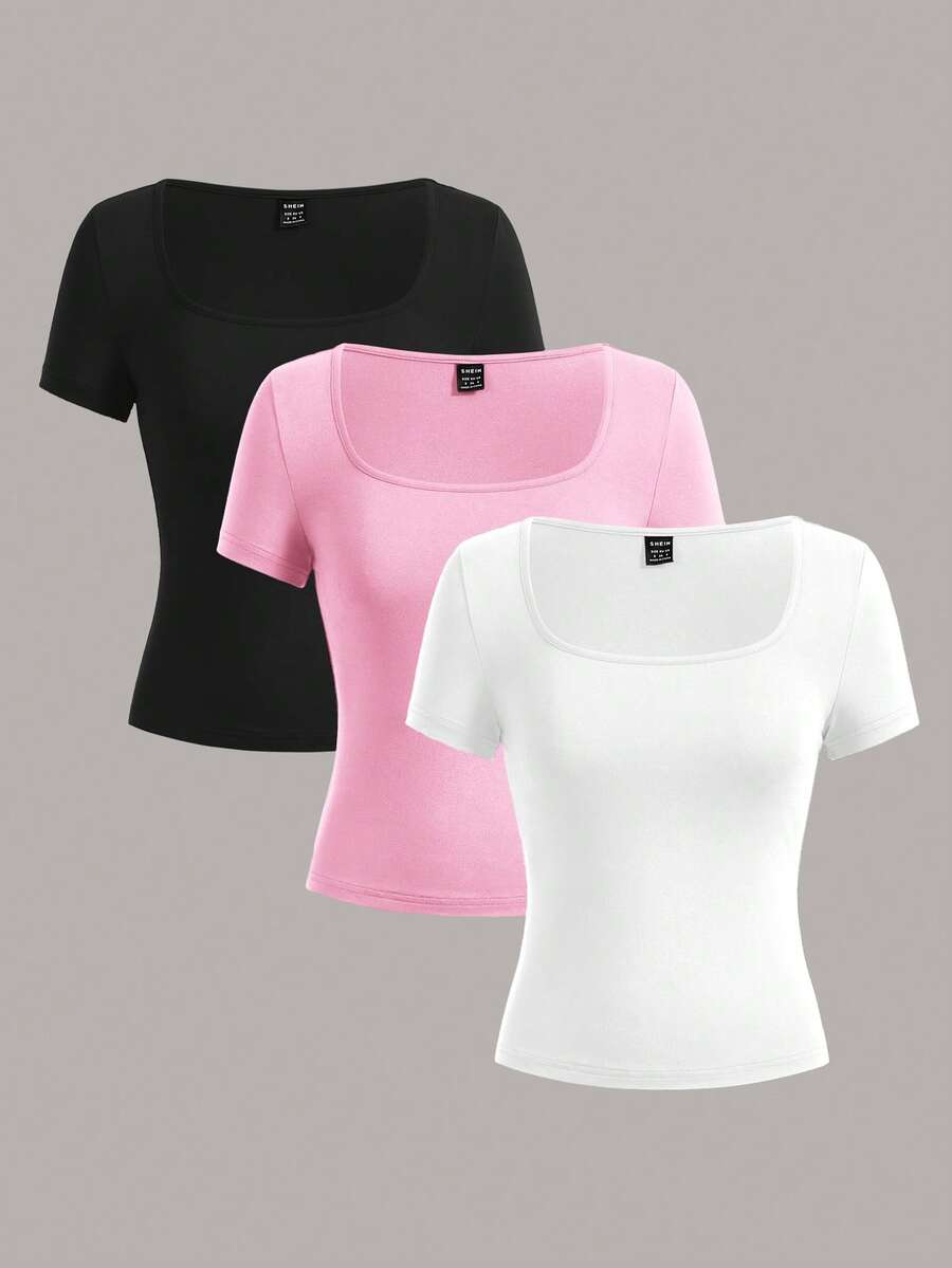 SHEIN EZwear 3 件女式方领短袖短款休闲紧身 T 恤,适合夏季 - 彩色 - 查看 1