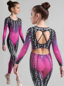 SHEIN 青少年女孩休闲运动体操瑜伽高弹力扎染水钻印花露背镂空连体裤 - 玫紅色 - 查看 1