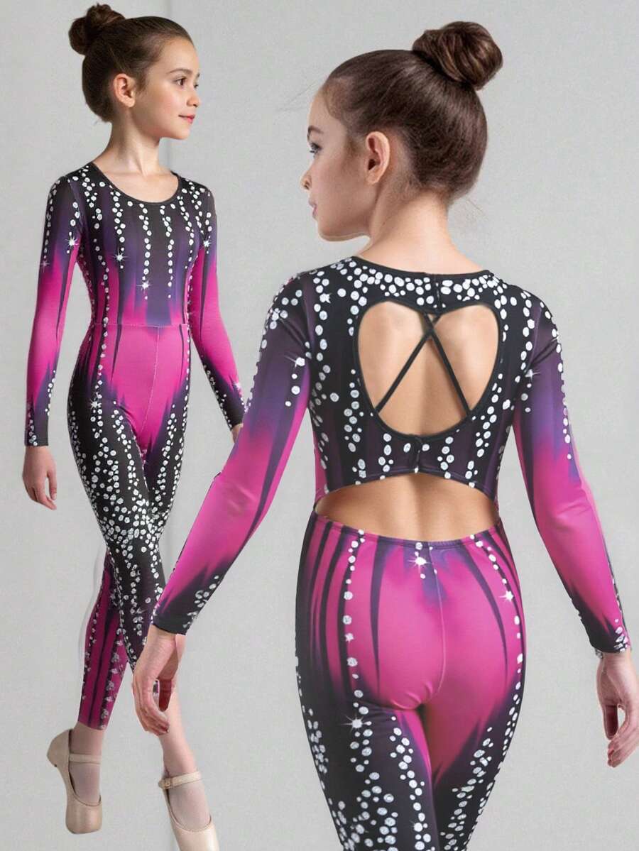 SHEIN 青少年女孩休闲运动体操瑜伽高弹力扎染水钻印花露背镂空连体裤 - 玫紅色 - 查看 1