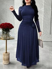 Feyla 长袖前开衩3D花卉优雅百搭派对连衣裙 - 藏蓝色 - 查看 3