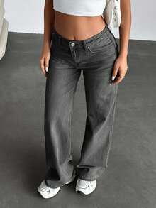 SHEIN JEAN ESTRELLA ESTILO CASUAL DE PIERNA ANCHA LAVADO DE MEZCLILLA GRIS OSCURO CON DETALLE DE ESTAMPADO EN LA ESPALDA - Gris Oscuro - Ver 3
