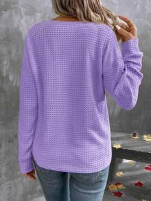SHEIN LUNE 女士休闲V领提花落肩浅紫色T恤，秋季新品 - 淡紫色 - 查看 2