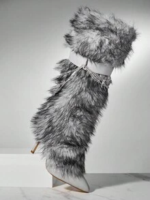 SHUZIA 魅力女士灰色人造毛皮蓬松尖头细高跟靴温暖舒适冬季假日性感派对 - 灰色 - 查看 5