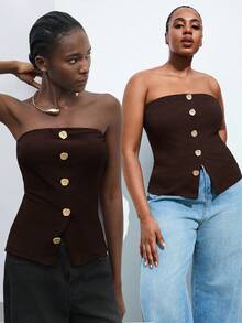 Maija 大码女式金属撞色纽扣前开衩下摆抹胸 - 棕色 - 查看 8