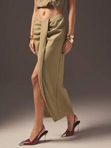 Hauture Fustă midi sexy de vară pentru birou, casual, solidă, asimetrică, plisată, cu crăpătură frontală - Maro - Vizualizare 5