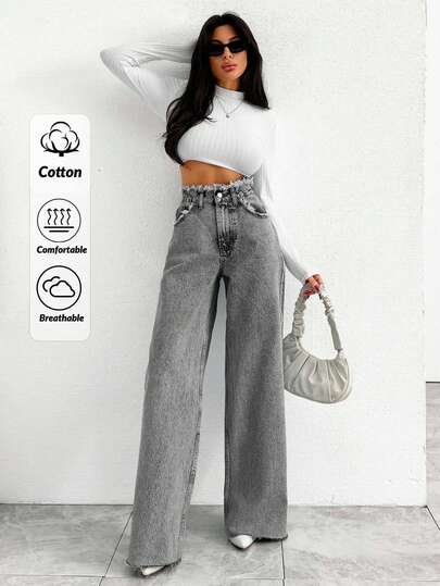 EURMUSE Blugi cu talie înaltă și croială lată, cu buzunar destrămat