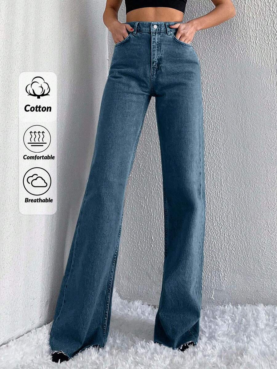 SHEIN Tall 100%纯棉高腰毛边阔腿牛仔裤 - 霧霾藍 - 查看 1