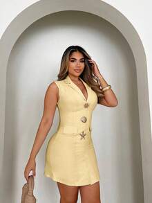 Ladies' Autumn Elegant And Elegant Old Money Style Metal Starfish Button Dress - Yellow - View 3