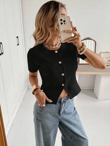 Siren Gaze Casual Solid Color Slim Fit Short Sleeve Button-Up Cardigan For Women,Fall Black Summer - Black - View 3