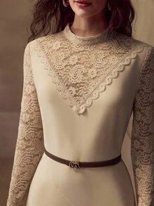 MOTF AUTUMN/WINTER ELASTIC CONTRAST LACE WOVEN FABRIC DRESS, WITH SMALL STAND COLLAR RUFFLE TRIM, ELEGANT RUFFLED SLEEVE HEM, SLIT HEM DRESS, FLATTERING WAISTLINE, FRENCH ROMANTIC MIDI DRESS FOR WOMEN - Khaki - View 1