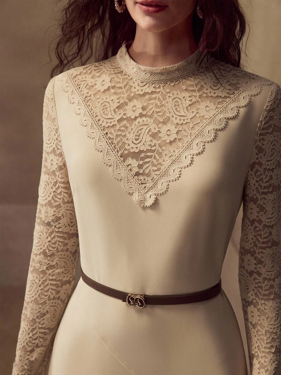 MOTF AUTUMN/WINTER ELASTIC CONTRAST LACE WOVEN FABRIC DRESS, WITH SMALL STAND COLLAR RUFFLE TRIM, ELEGANT RUFFLED SLEEVE HEM, SLIT HEM DRESS, FLATTERING WAISTLINE, FRENCH ROMANTIC MIDI DRESS FOR WOMEN - Khaki - View 1