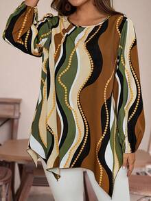 EMERY ROSE Plus Size Women's Black And Gold Wave Striped Crew Neck Long Sleeve Asymmetric Hem Blouse,Autumn Boho Vacation Country Style Fall Winter Clothes - Multicolor - View 4