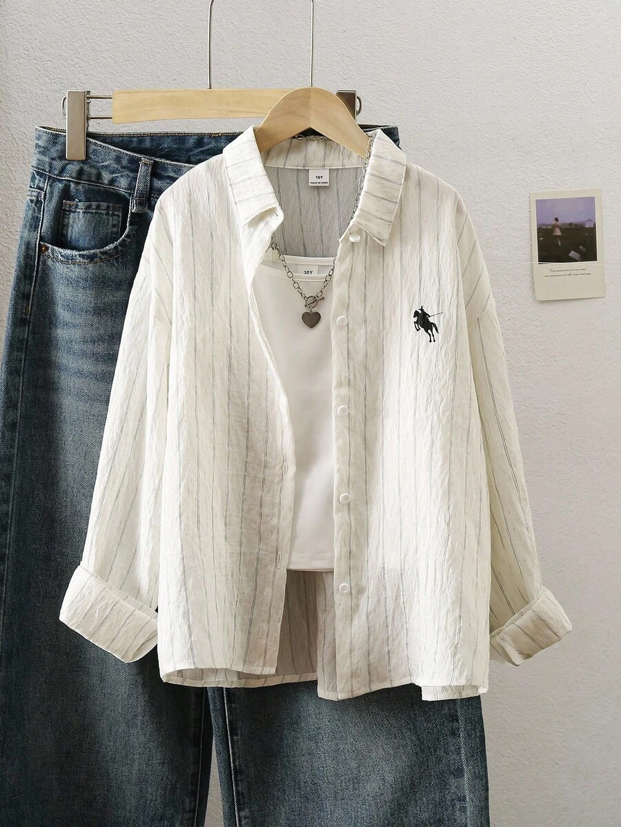 SHEIN 青少年女孩休闲百搭条纹长袖衬衫