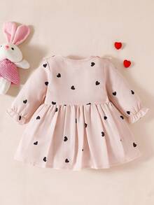 SHEIN Vestido elegante y lindo de manga larga con cuello redondo, volantes, estampado de cerezas de dibujos animados y moño rojo para bebé niña recién nacida, adecuado para todas las estaciones, nuevo estilo - Caqui - Ver 2