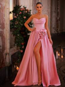 Glamrae Elegant Satin Strapless Asymmetric Ruffle Beaded Luxurious A-Line High Slit Maxi Dress,Suitable For Dates,Graduations,Weddings,Formal Occasions,Gala - Dusty Pink - View 5