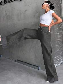 SHEIN Tall HÖG MIDJA100% Bomull Upprullade Jeans med Vida Ben - Ljusgrå - Visa 5