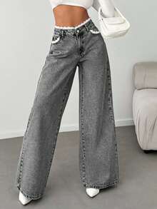 EURMUSE WOMEN DENIM WIDE LEG MID WAIST LACE BELT DETAIL JEANS - Grey - View 4