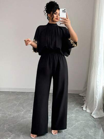 Elenzga Plus Size Women Elegant Short Sleeve Jumpsuit, Stand Collar, Back Tie, Embroidered Cuffs, Suitable For Casual And Party Wear