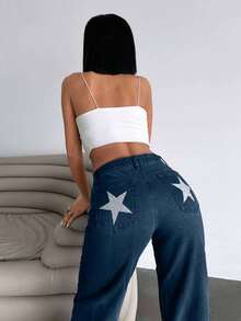 EURMUSE Casual Washed Star Print Low Waist Straight Leg Jeans - Dark Wash - View 4