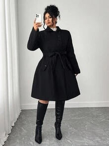 Elenzga 大码黑色纽扣翻领加厚复合长袖经典优雅中长款大衣，秋冬 - 黑色 - 查看 7