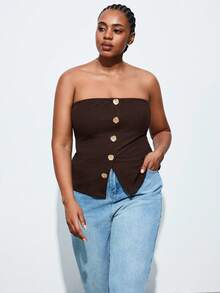 Maija 大码女式金属撞色纽扣前开衩下摆抹胸 - 棕色 - 查看 7