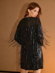 MOTF PREMIUM 亮片流苏迷你连衣裙 - 黑色 - 查看 4