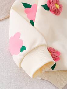 SHEIN Áo nỉ dễ thương thường ngày cho bé gái với họa tiết hoa móc 3D, họa tiết hoa màu hồng, áo vui tươi cho bé gái mùa thu - Màu be - Xem 3